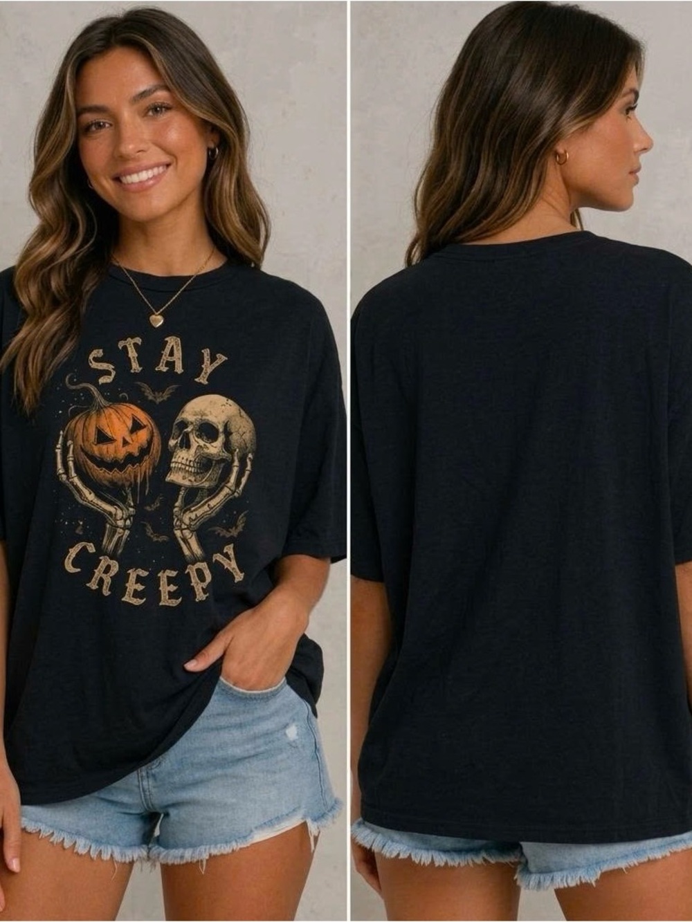 Halloween Stay Creepy Pumpkin Skull Skeleton Graphic Tee Black